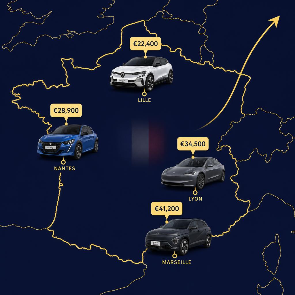 Kort over Frankrig med brugte elbiler og EUR-priser i Paris, Lyon, Marseille, Bordeaux, Nantes og Lille